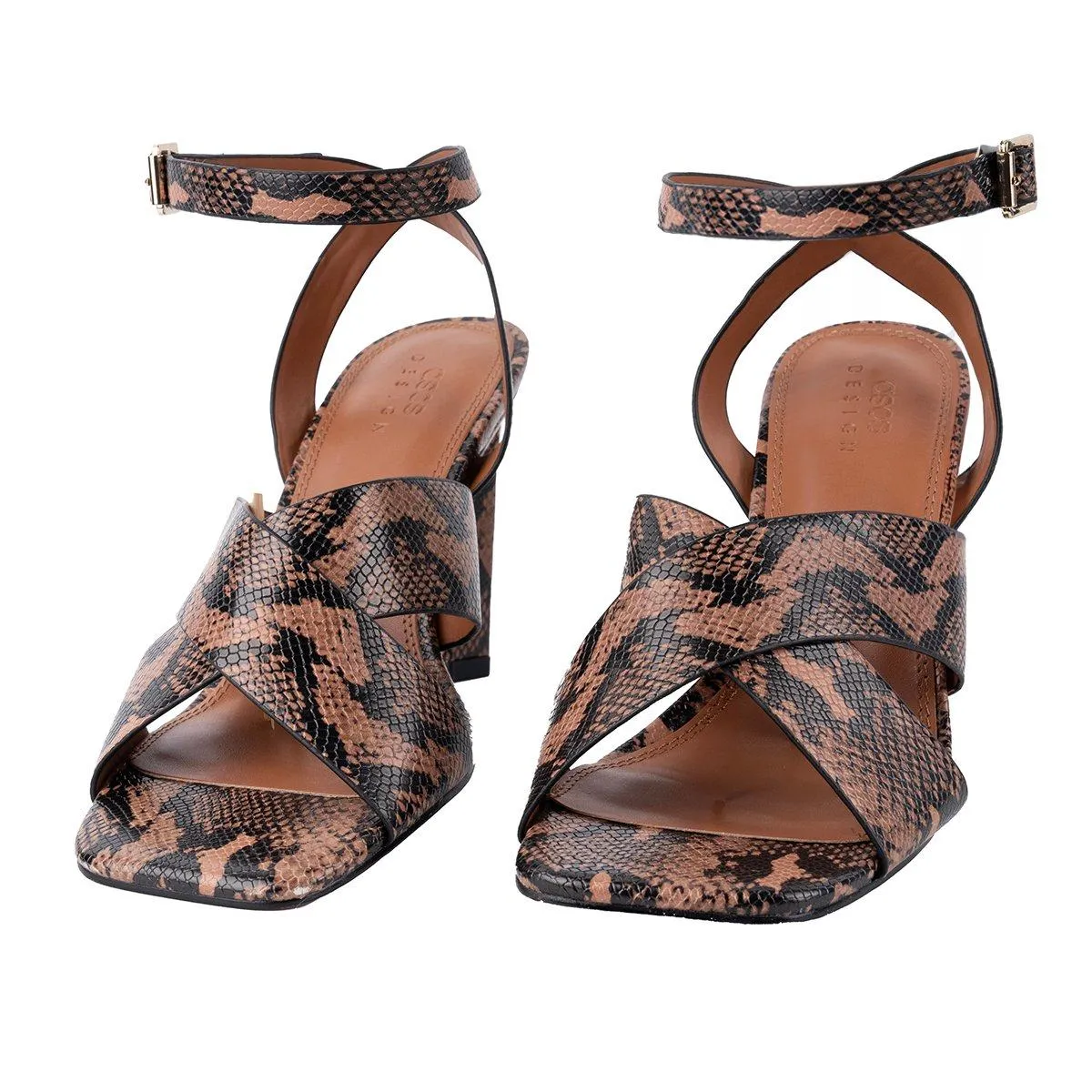 Asos Design Strap High-Heel Sandals Snakeskin Embossed Leather Brown Colour For Women