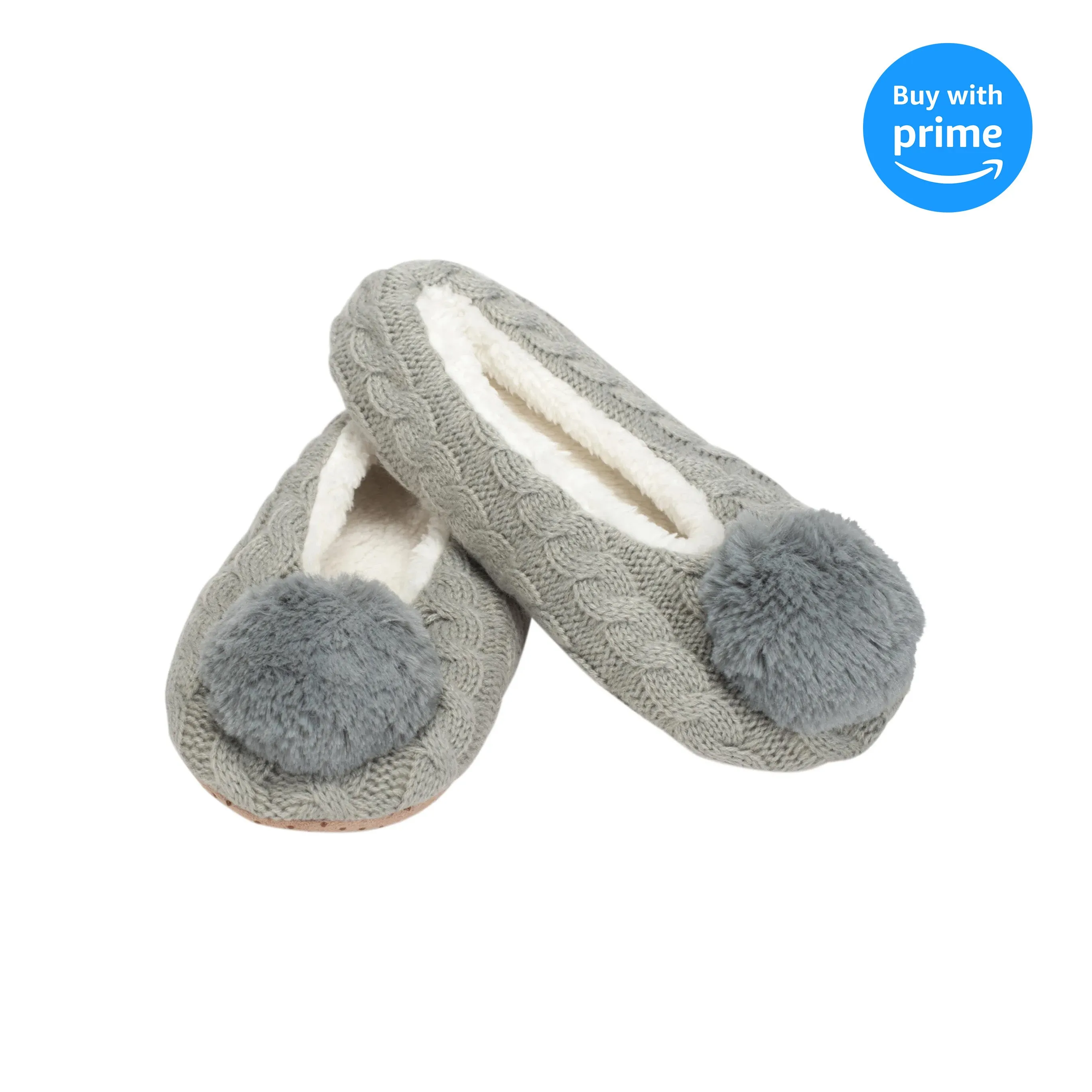 Ballerina Knit Pom Womens Plush Lined Cozy Non Slip Indoor Soft Slipper - Grey, Medium