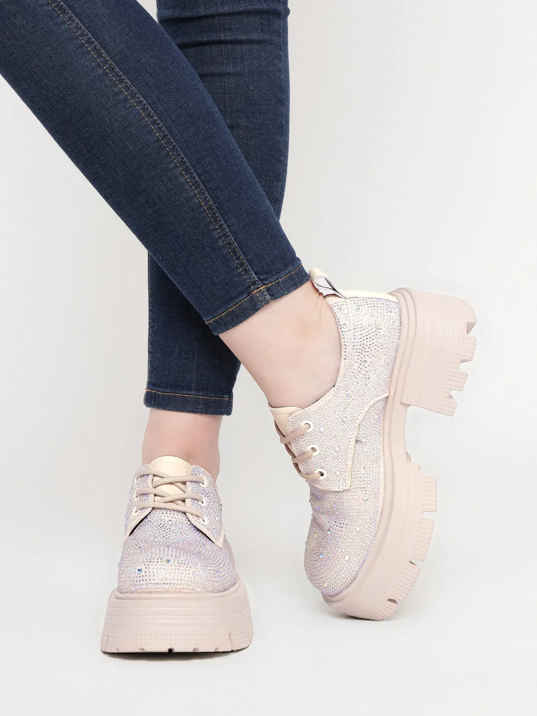 Beige Diamante Embellished Lace-Up Sneakers (TC-RS3640-BEIG)