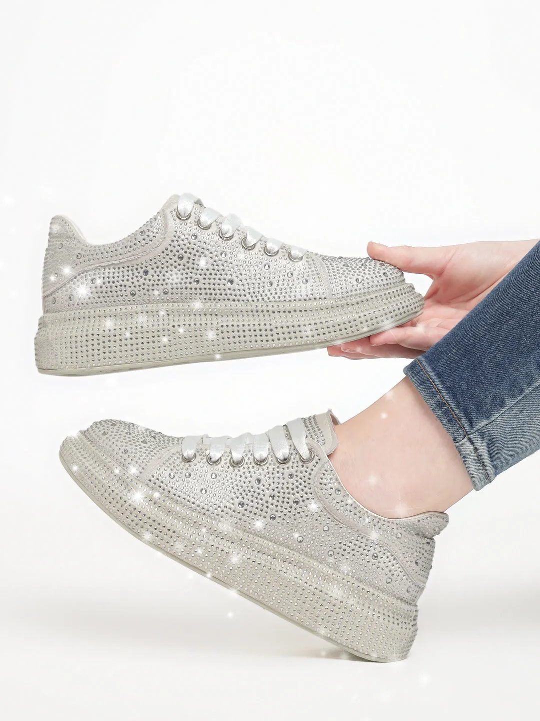 Beige Diamante Embellished Lace-Up Sneakers (TC-RS3653-BEIG)