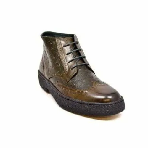 British Walkers Playboy Wingtips Limited Edition Men's Olive Green Ostrich Leather High Top Boots