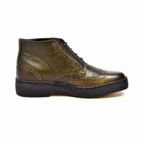 British Walkers Playboy Wingtips Limited Edition Men's Olive Green Ostrich Leather High Top Boots