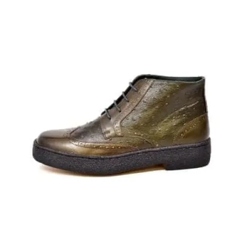 British Walkers Playboy Wingtips Limited Edition Men's Olive Green Ostrich Leather High Top Boots