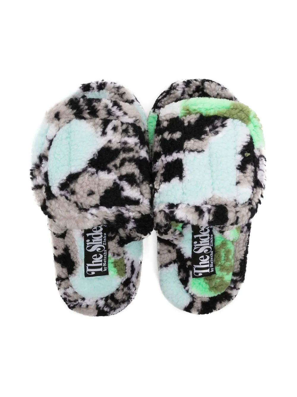 CAMOUFLAGE-PATTERN FAUX FUR SLIDES GRY BLU