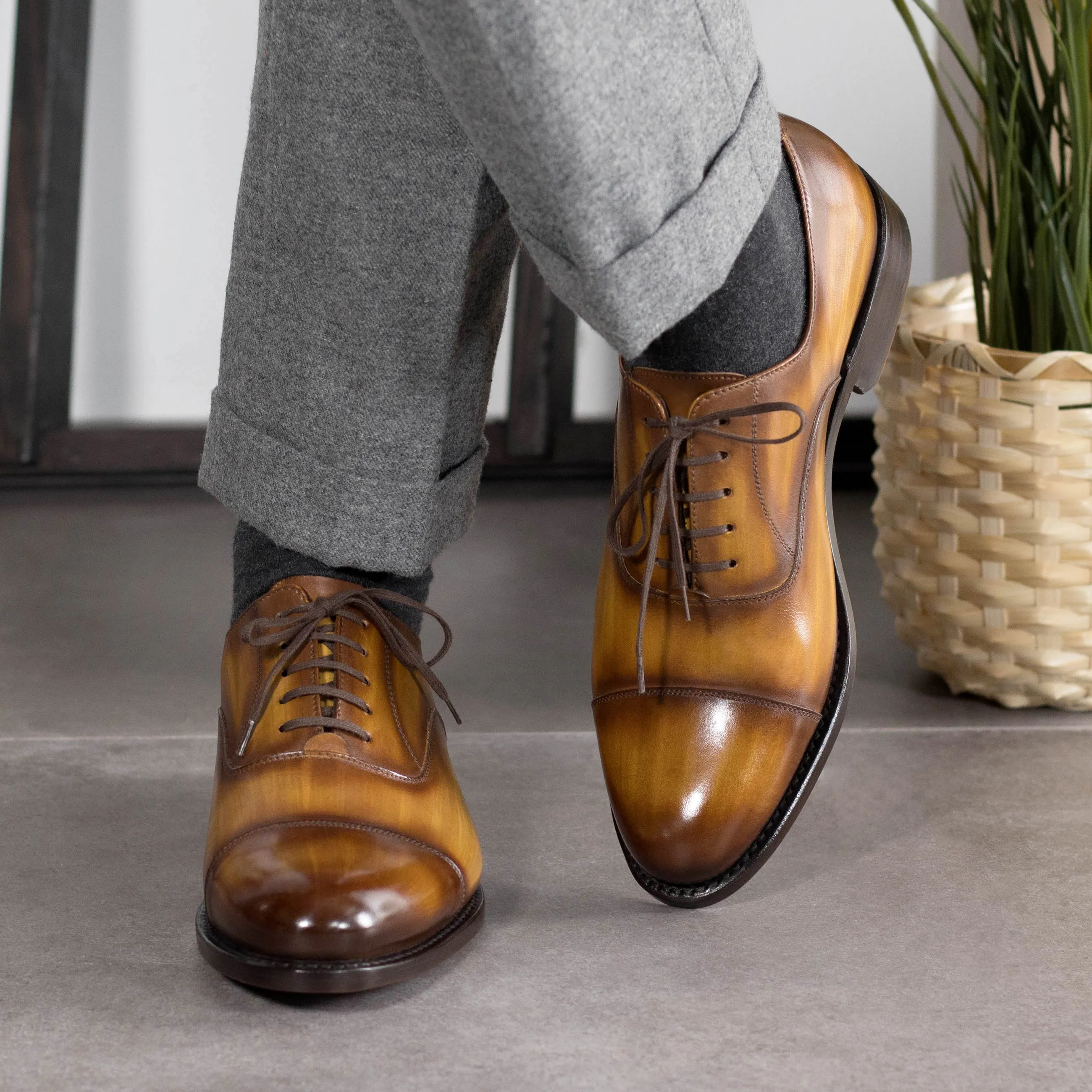 Cognac Patina Oxford Cap Toe Shoes