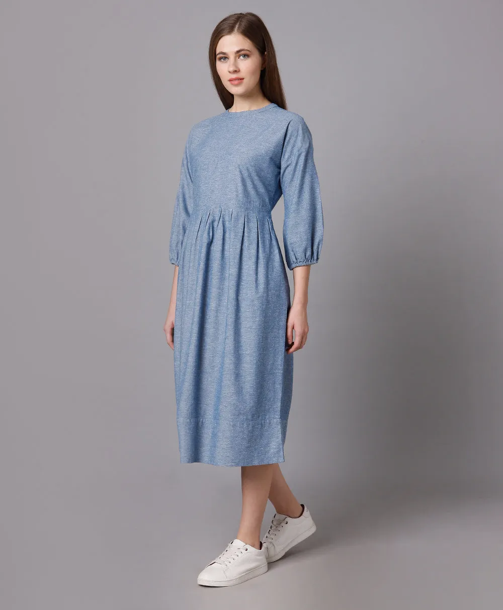 Cotton Denim Dress with Pleated Waist