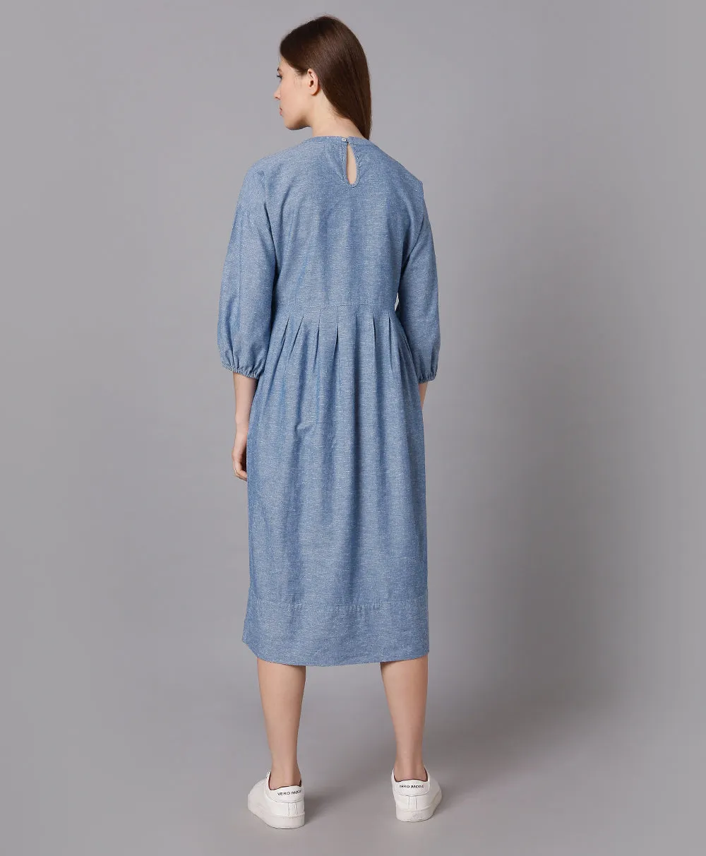 Cotton Denim Dress with Pleated Waist