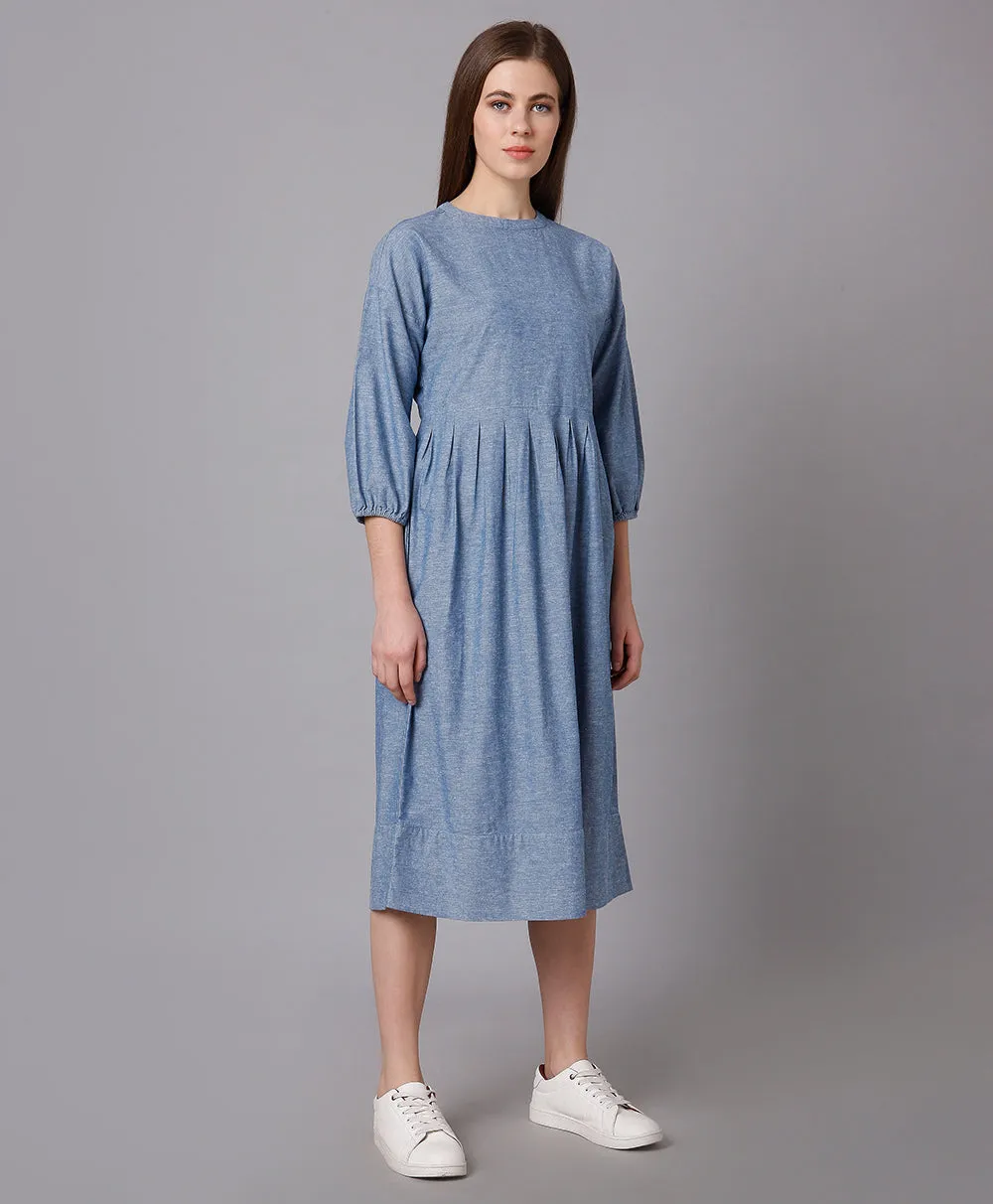 Cotton Denim Dress with Pleated Waist