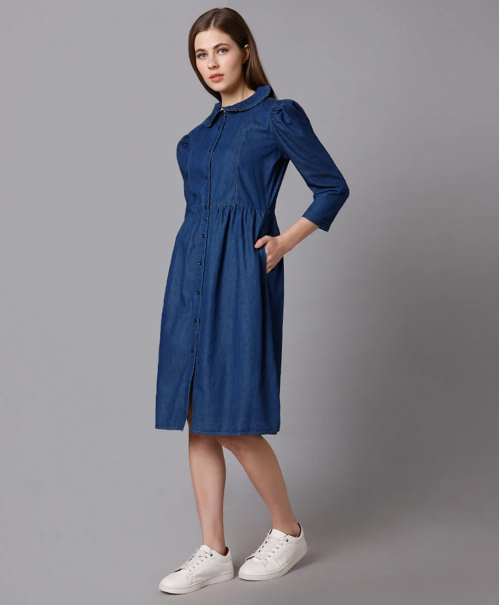 Cotton Denim Dress with Puff Sleeves