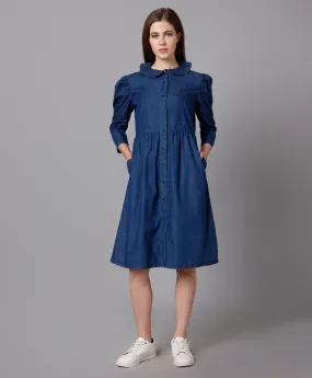 Cotton Denim Dress with Puff Sleeves