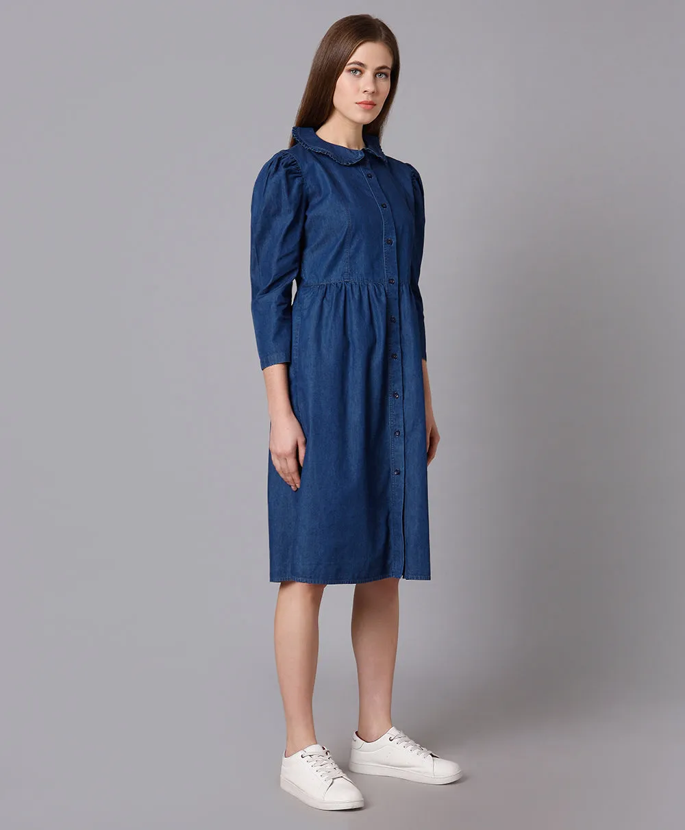 Cotton Denim Dress with Puff Sleeves