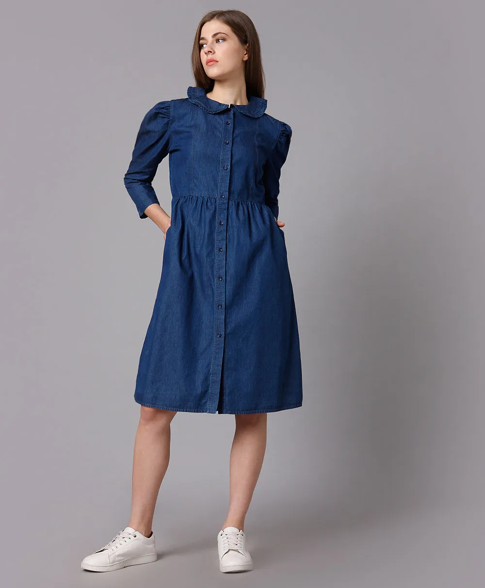 Cotton Denim Dress with Puff Sleeves