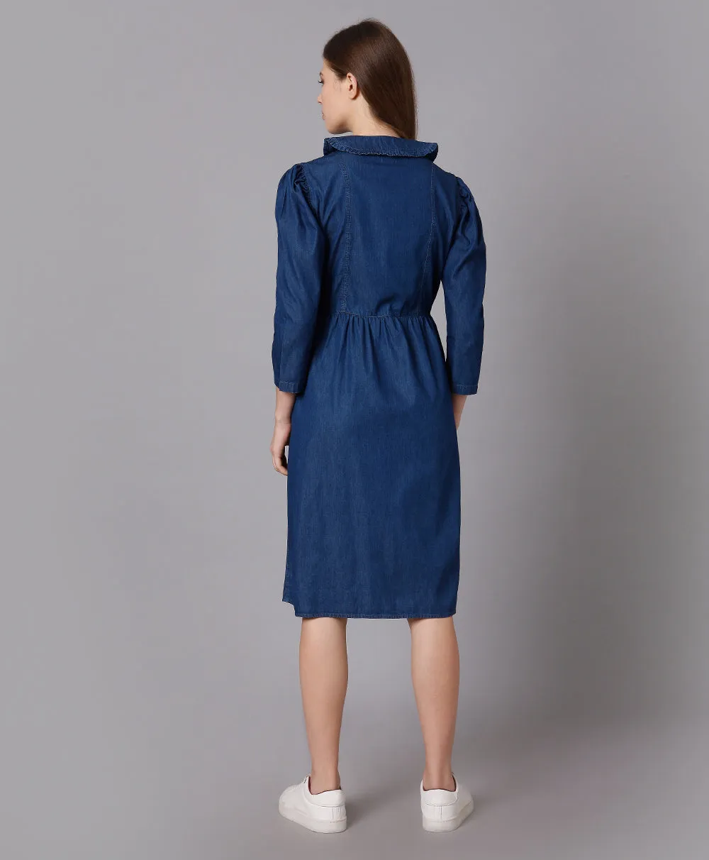 Cotton Denim Dress with Puff Sleeves