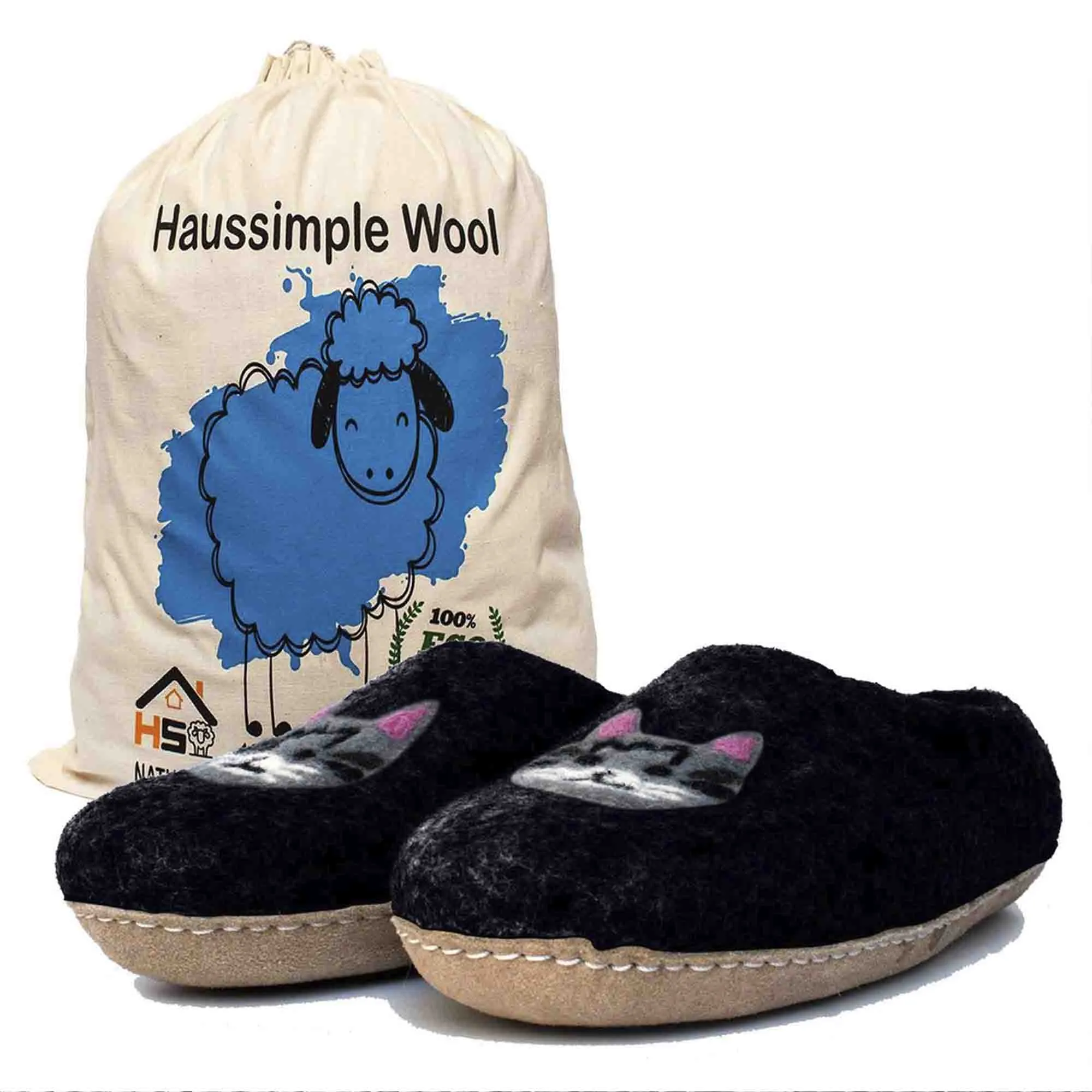 Cozy Wool Slippers Unisex Shoes Cat Black Print for Men & Women