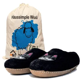 Cozy Wool Slippers Unisex Shoes Cat Black Print for Men & Women