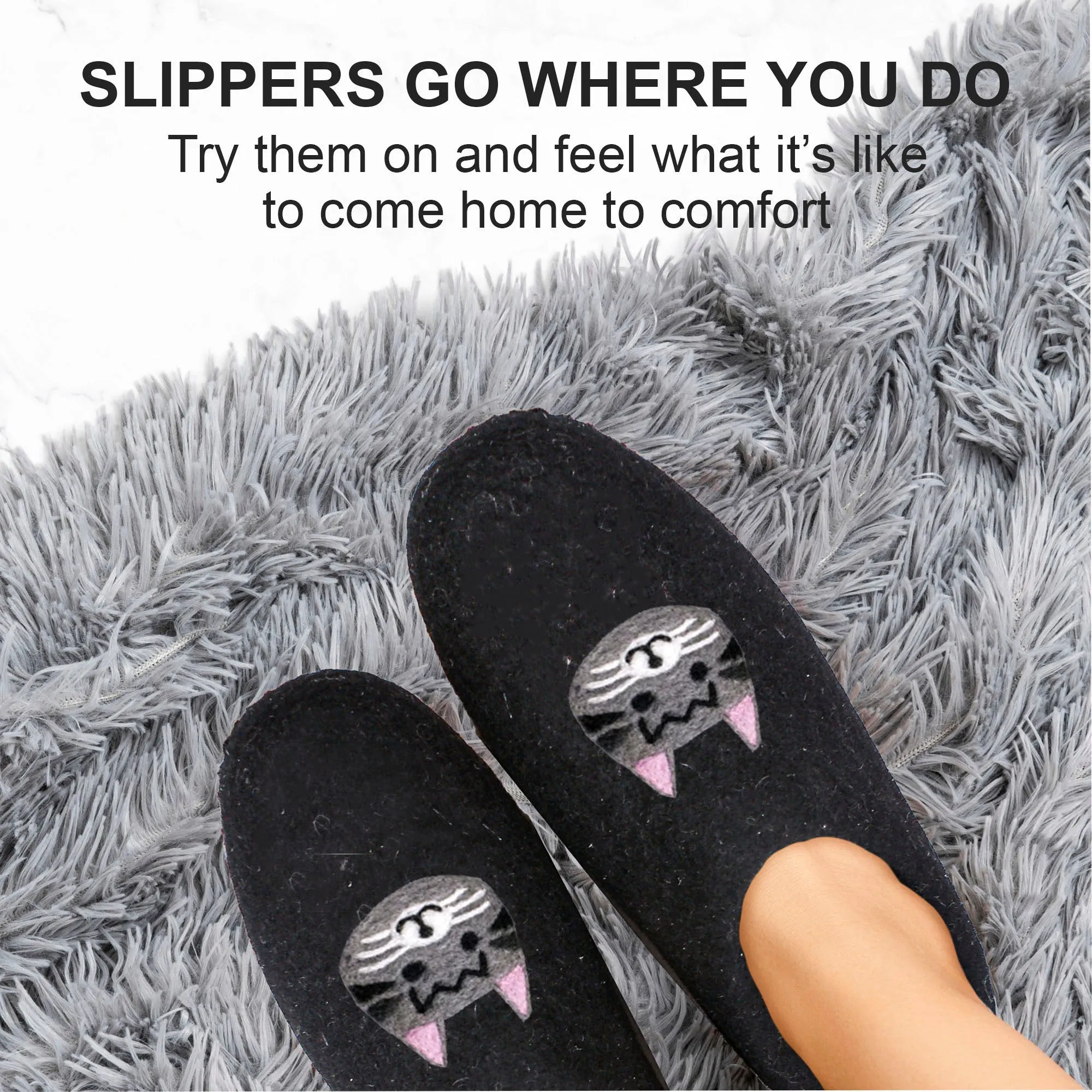 Cozy Wool Slippers Unisex Shoes Cat Black Print for Men & Women