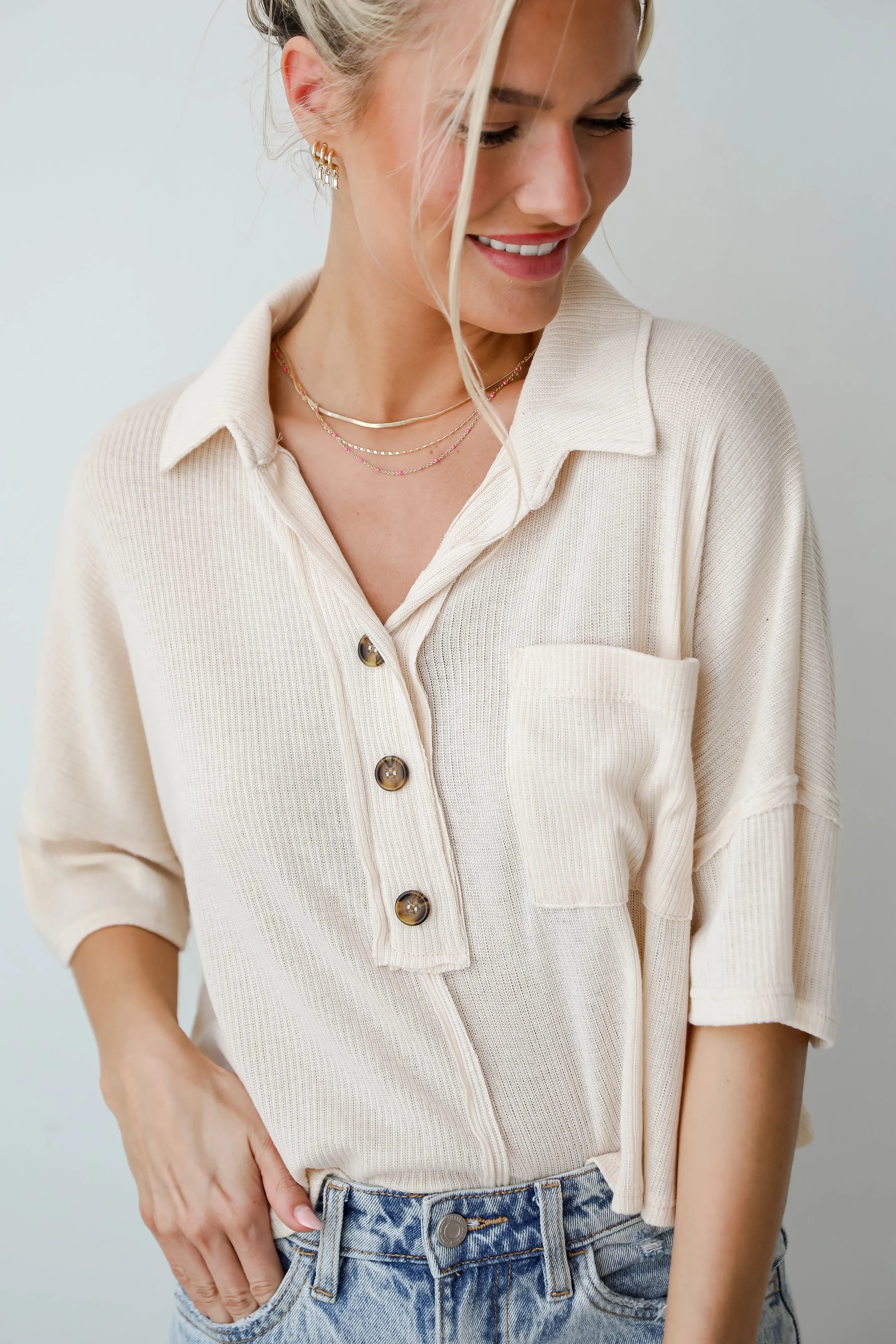 FINAL SALE - Timeless Vibes Cream Collared Henley Top - DU DEAL