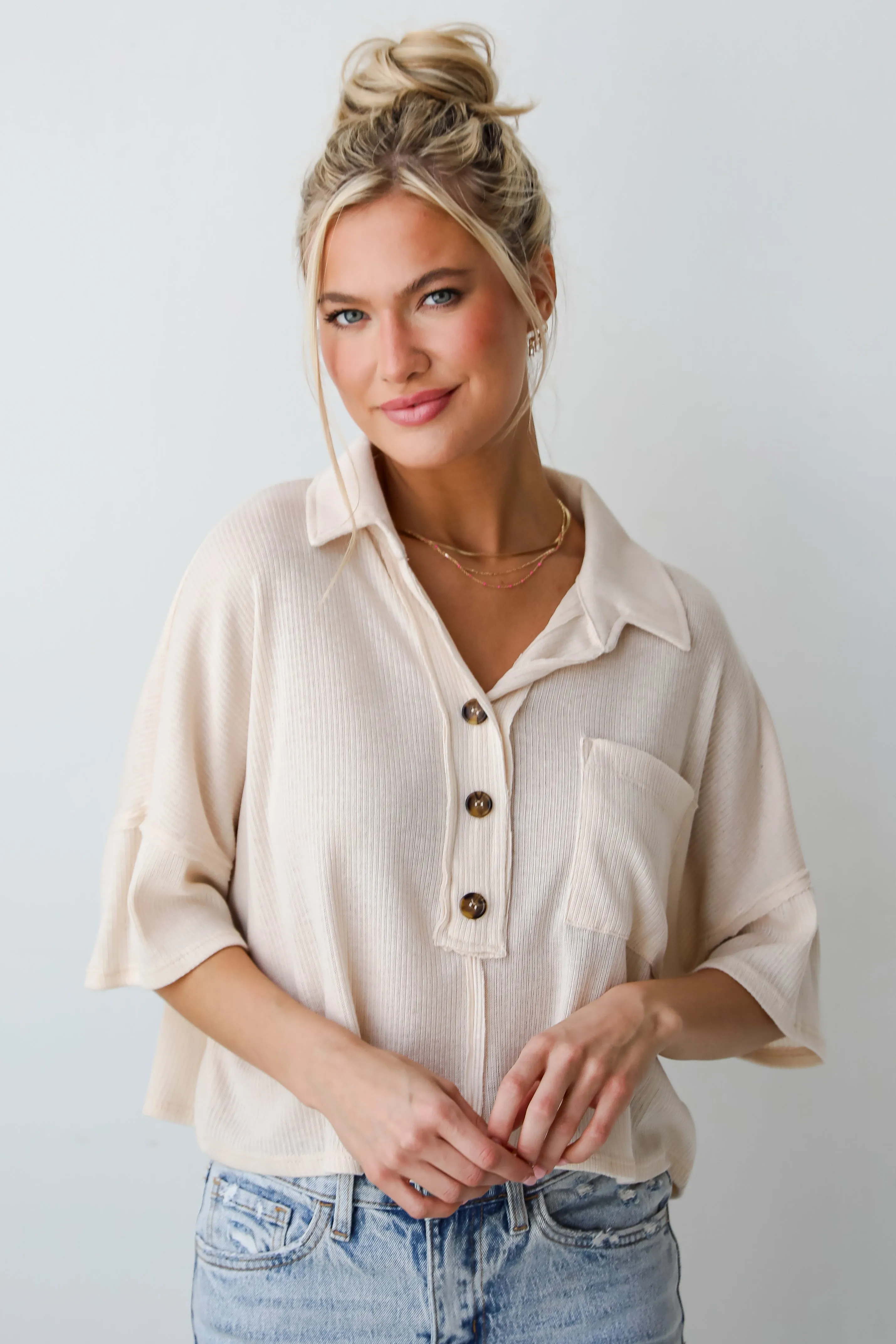 FINAL SALE - Timeless Vibes Cream Collared Henley Top - DU DEAL