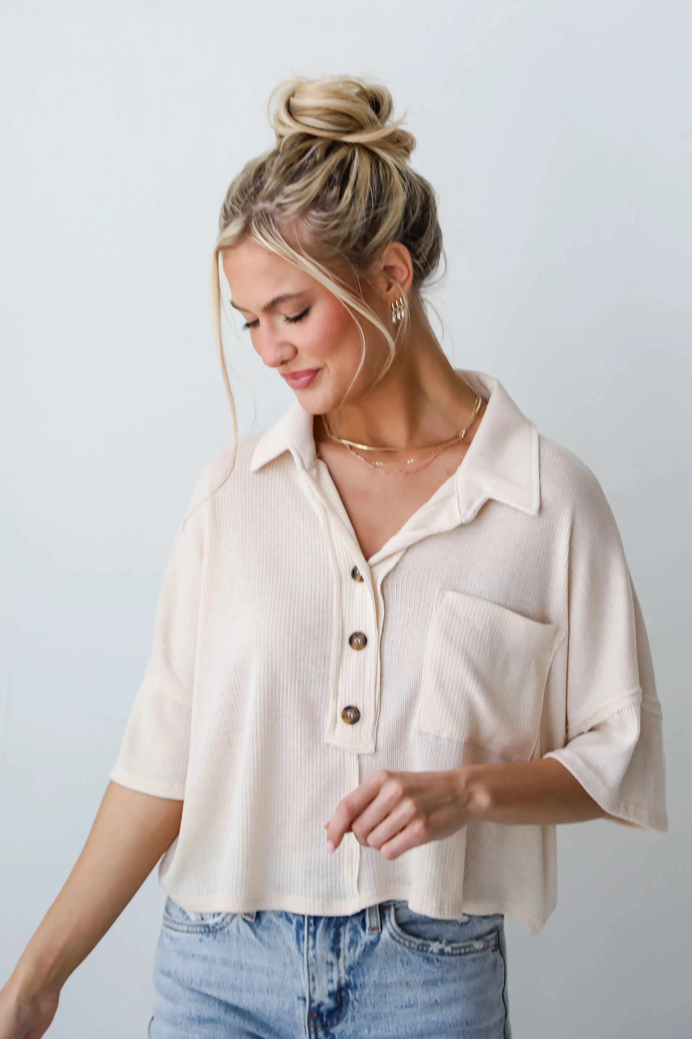 FINAL SALE - Timeless Vibes Cream Collared Henley Top - DU DEAL