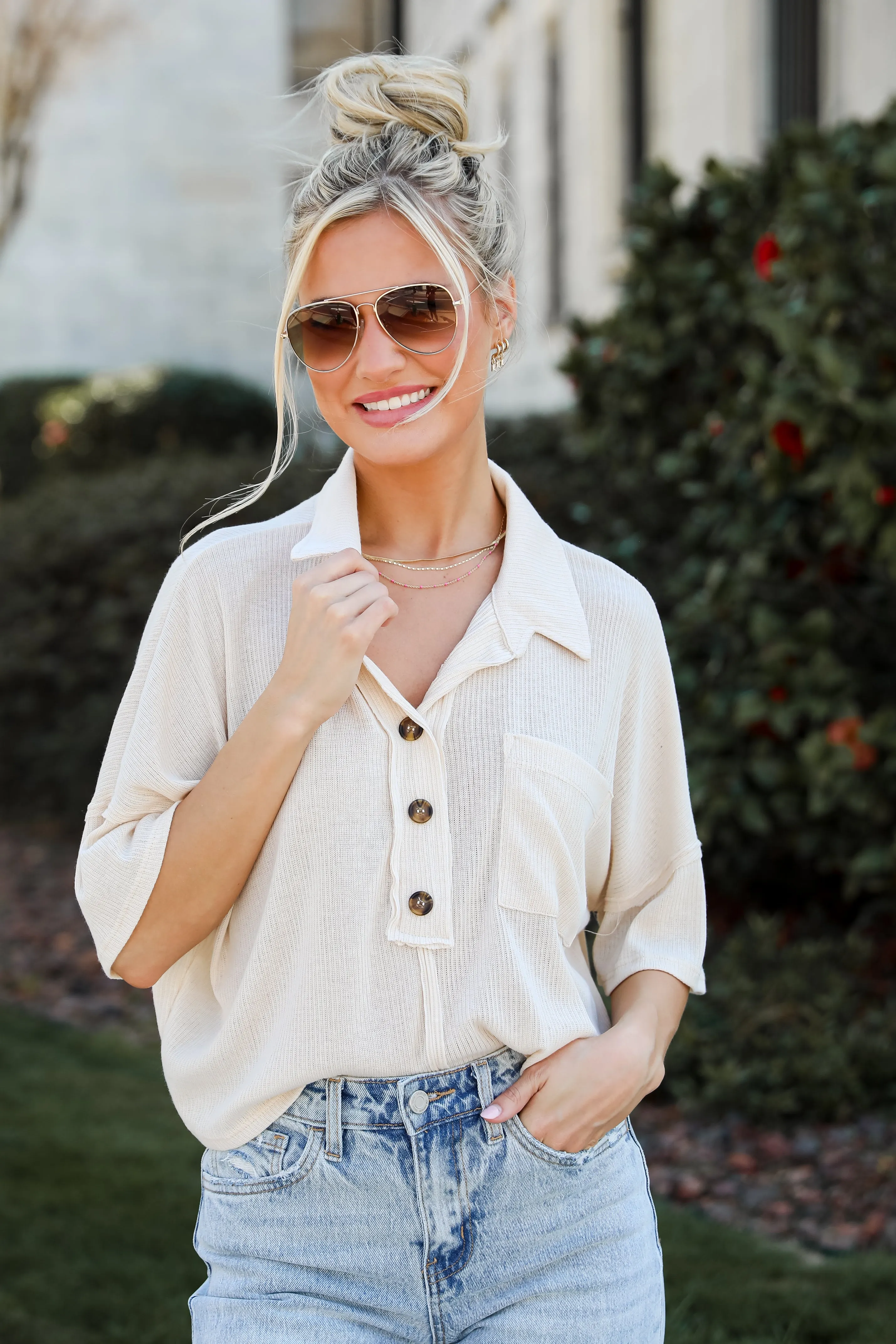 FINAL SALE - Timeless Vibes Cream Collared Henley Top - DU DEAL