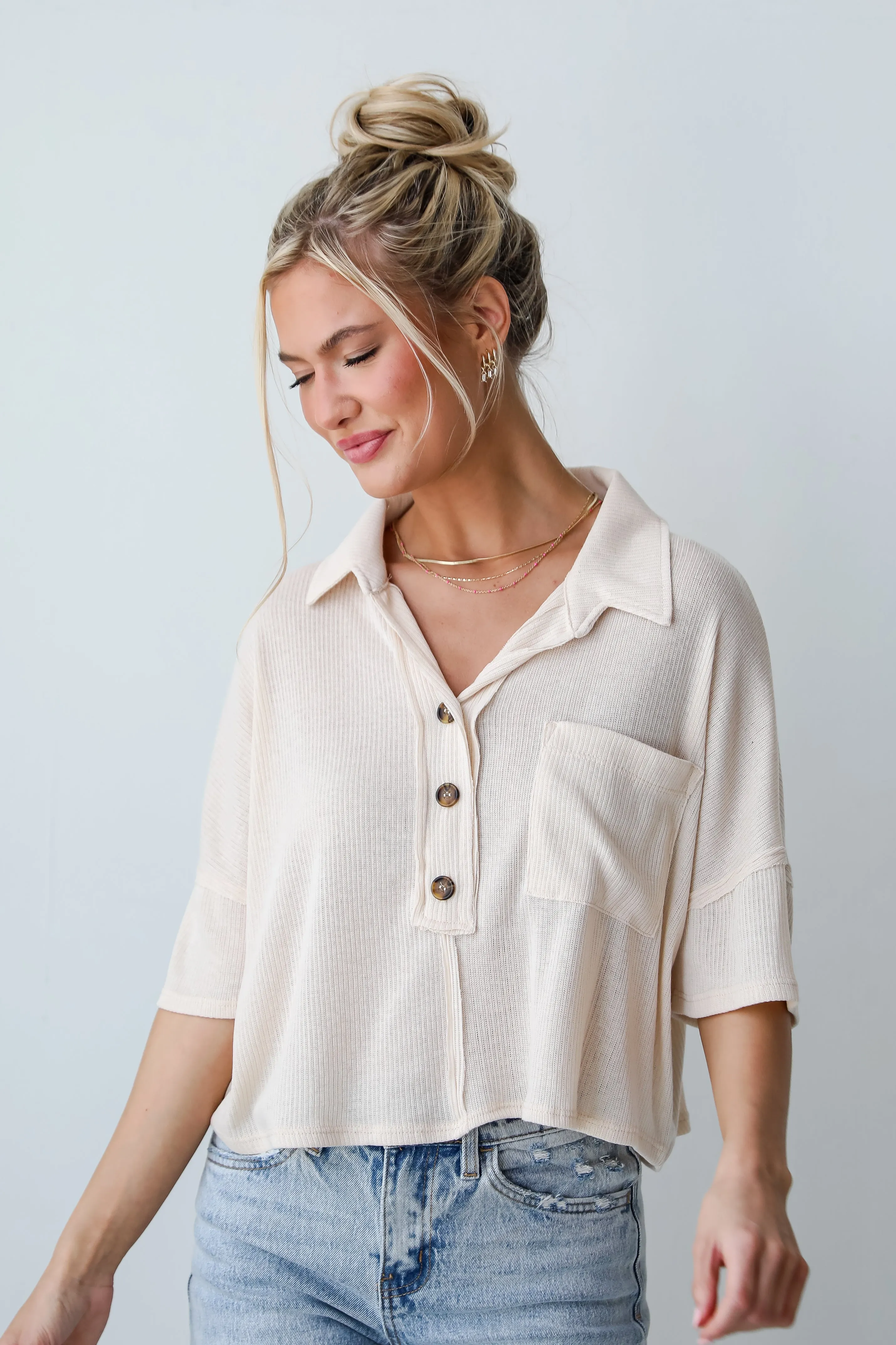 FINAL SALE - Timeless Vibes Cream Collared Henley Top - DU DEAL