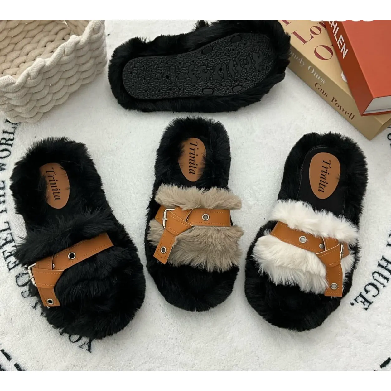 Fur Push-In Flat Sandals