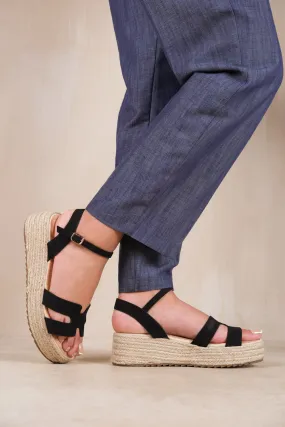 LONDON ESPADRILLE STYLE FLATFORM WITH ANKLE STRAP SANDALS IN BLACK NUBUCK