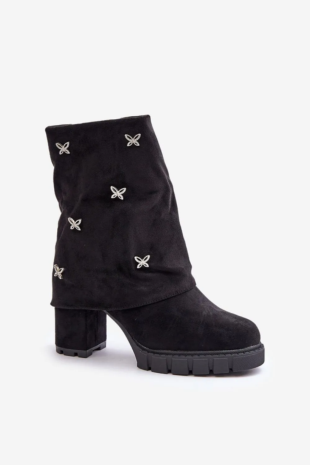 TEEK - Suede Cuff Dotted Rhinestone Heel Boots