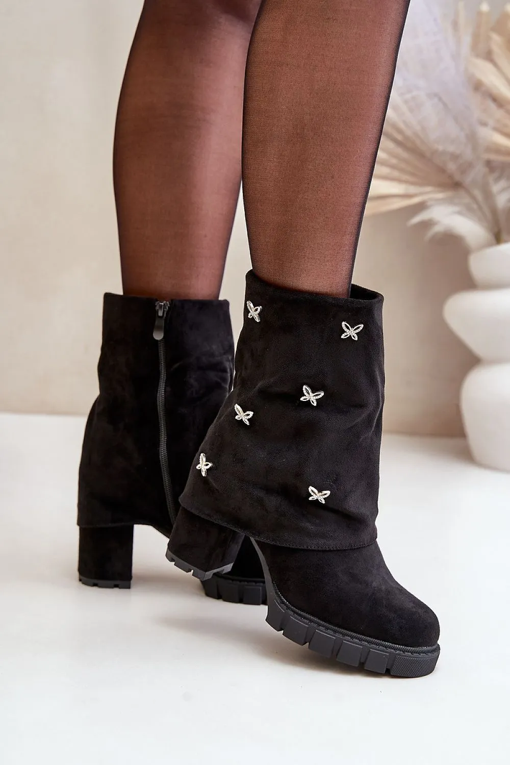 TEEK - Suede Cuff Dotted Rhinestone Heel Boots