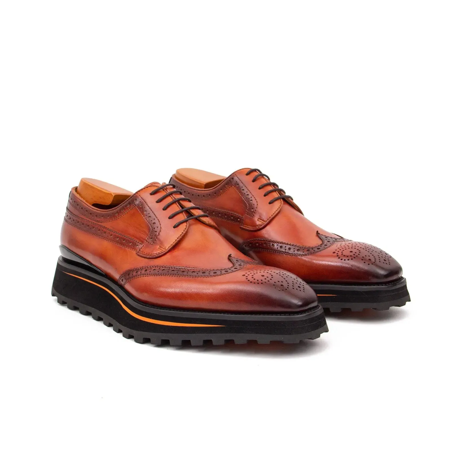 Thick-soled calfskin formal brogue derby shoes Brown