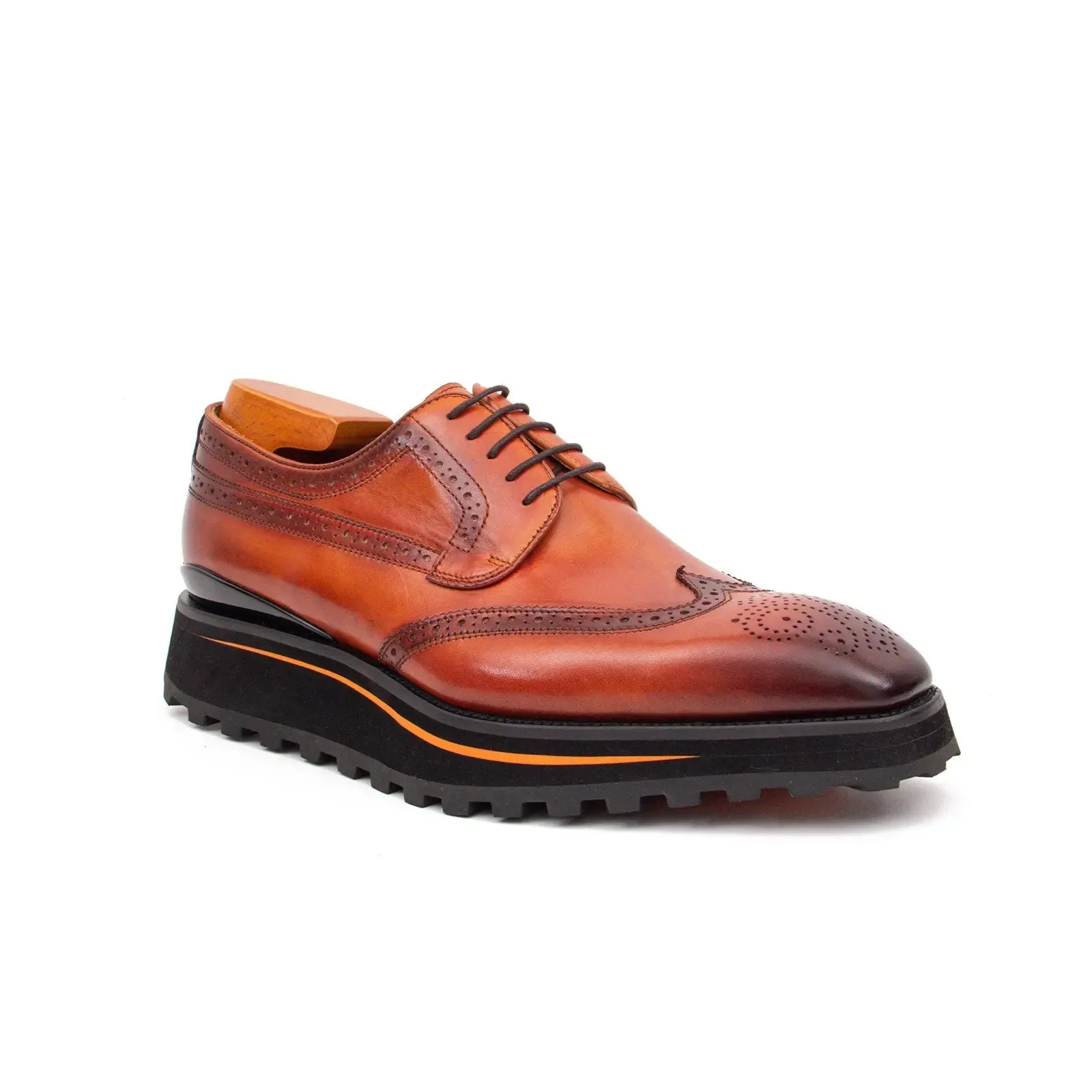 Thick-soled calfskin formal brogue derby shoes Brown