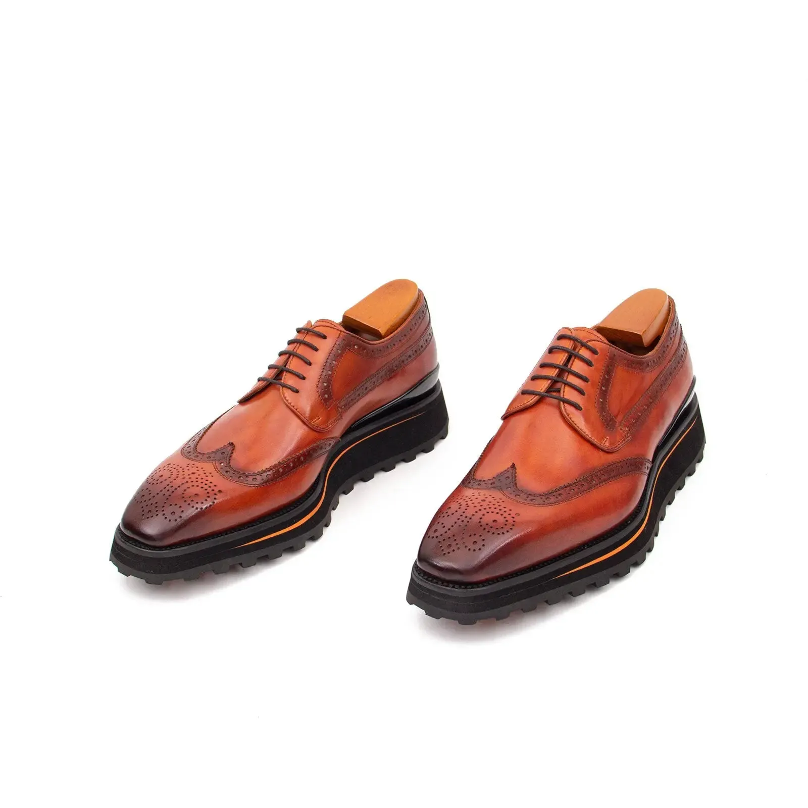 Thick-soled calfskin formal brogue derby shoes Brown