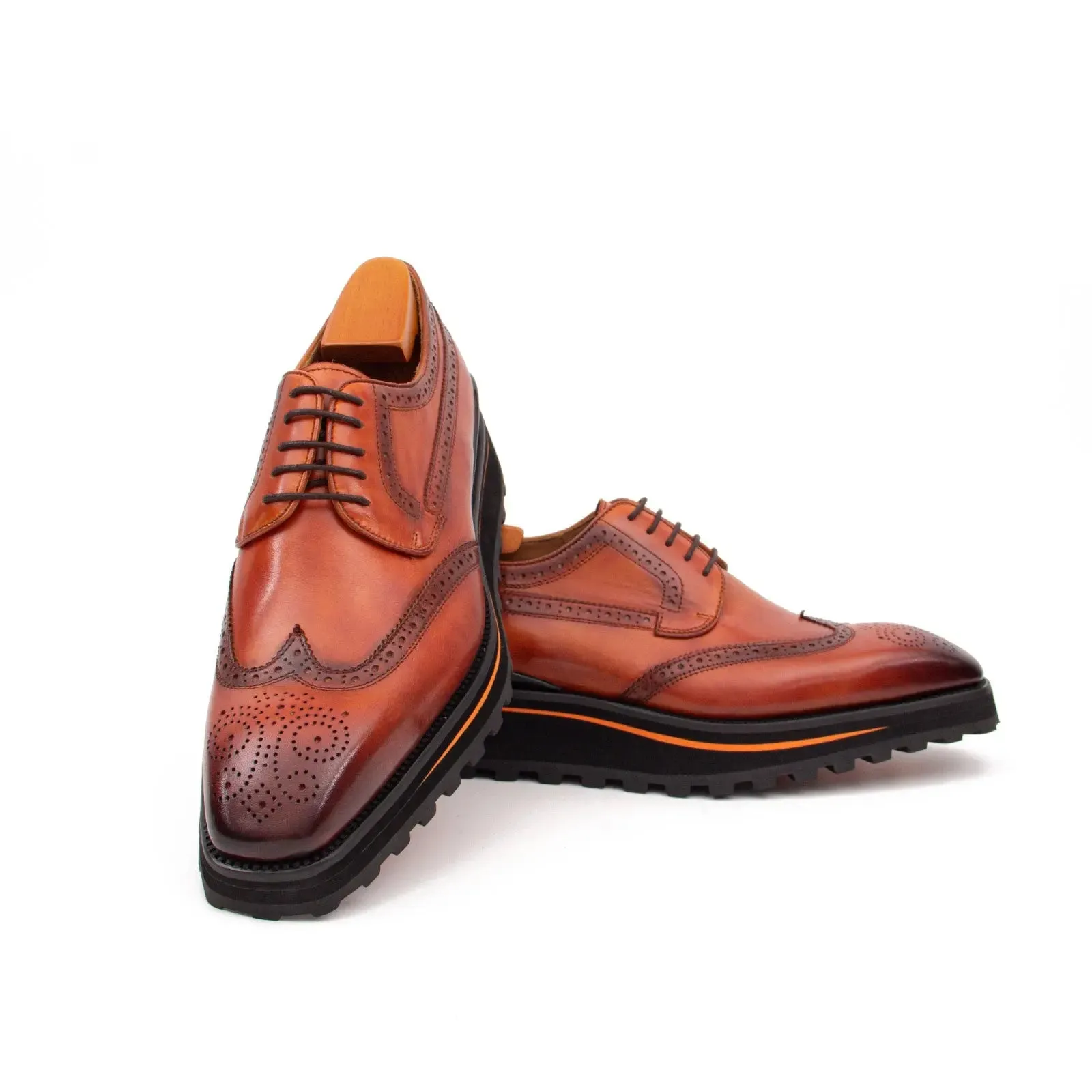 Thick-soled calfskin formal brogue derby shoes Brown