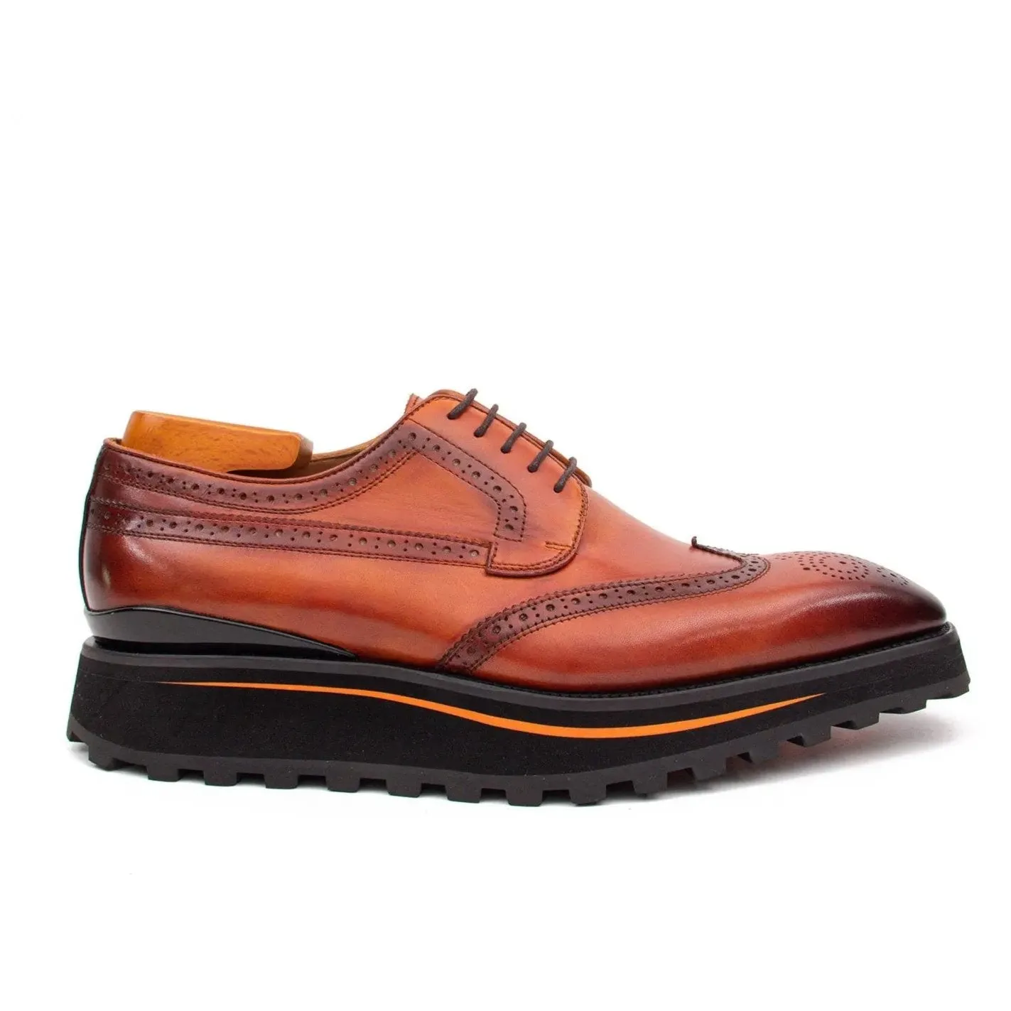 Thick-soled calfskin formal brogue derby shoes Brown