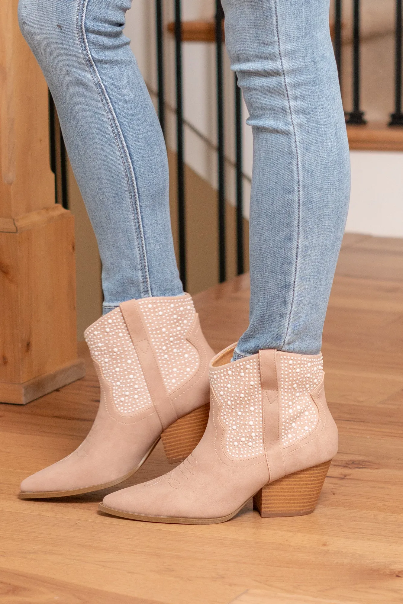 Vaca Pearl Beaded Western Bootie - Blush