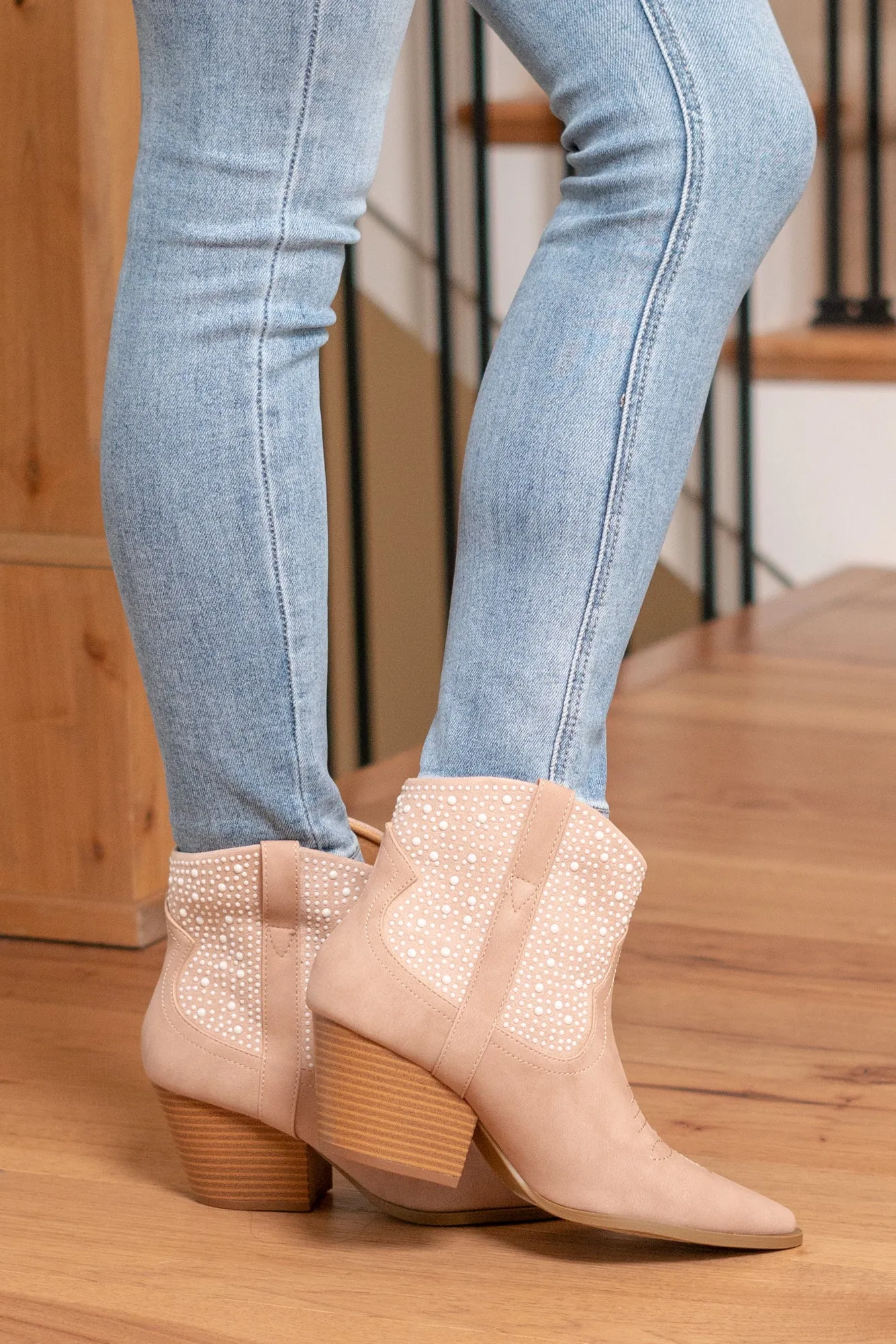 Vaca Pearl Beaded Western Bootie - Blush