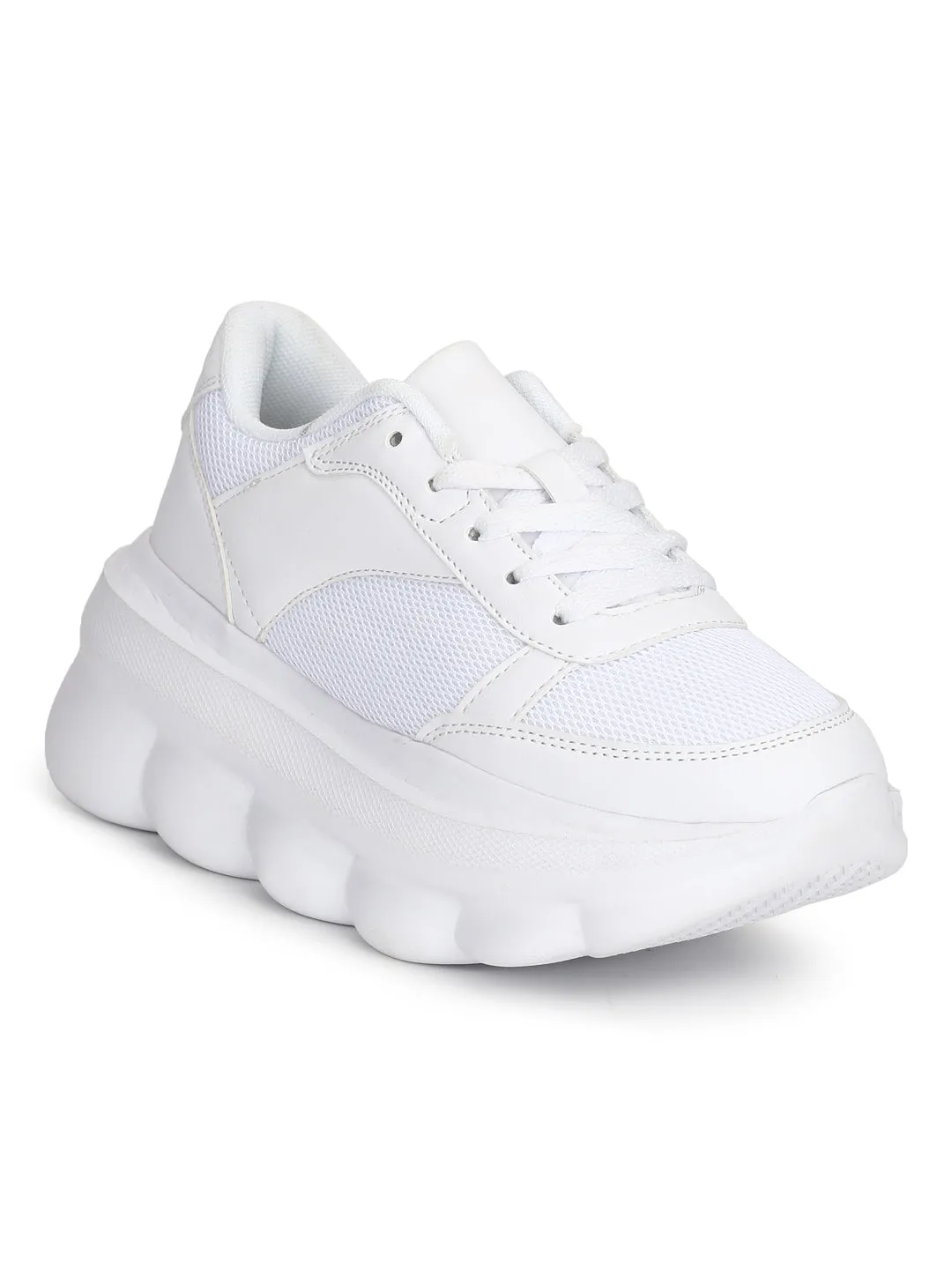 White PU Cleated Bottom Platform Lace-up Chunky Sneakers