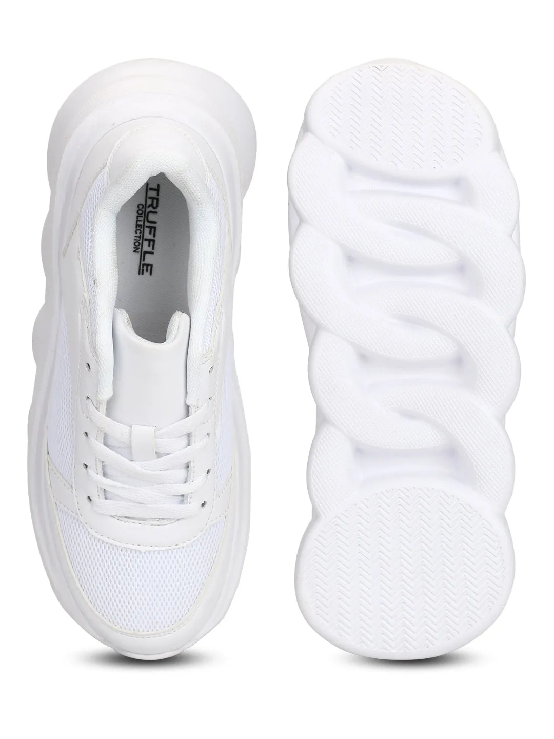 White PU Cleated Bottom Platform Lace-up Chunky Sneakers