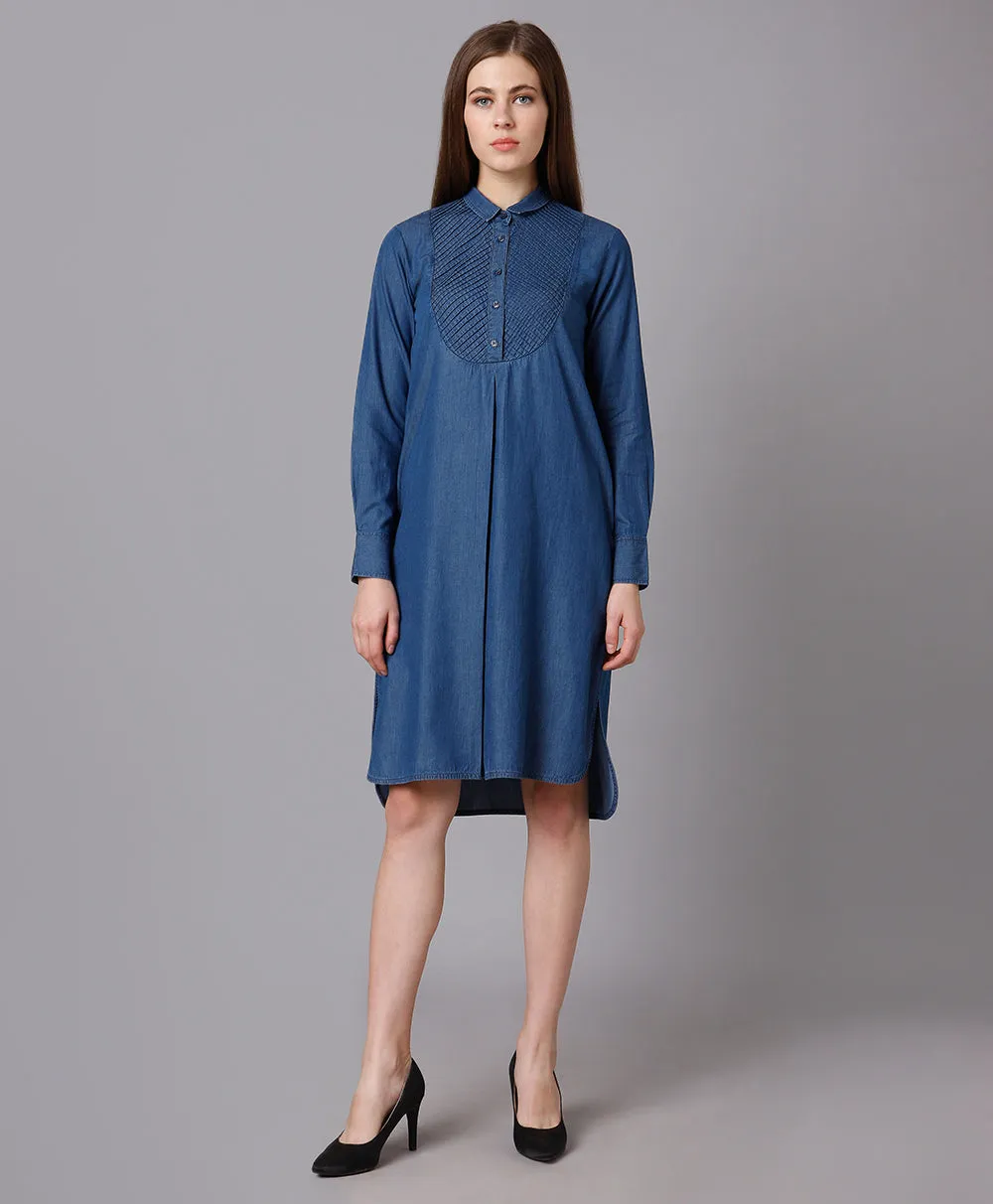 Yoke Pleated Denim Shirt Dress