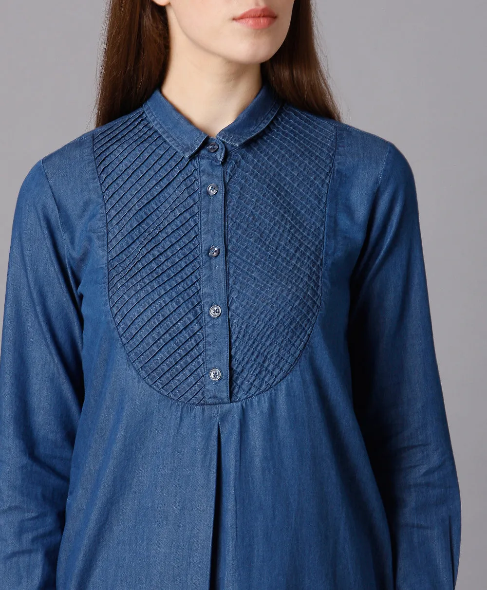 Yoke Pleated Denim Shirt Dress