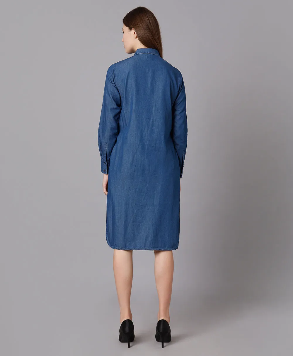 Yoke Pleated Denim Shirt Dress