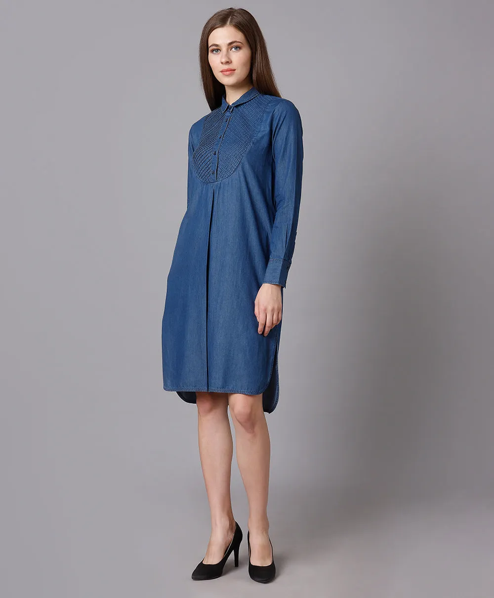 Yoke Pleated Denim Shirt Dress